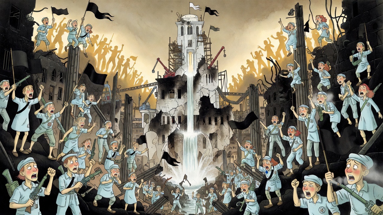 Crowds in pale blue clothes cling in clusters to tall broken pillars and tottering walls, shouting and pressing toward the centre.