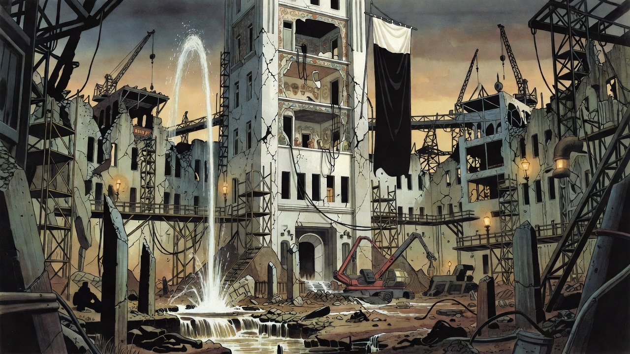 The upper floors of a ragged white building stand empty and gaping under a heavy black banner, with flowing water among rubble below.