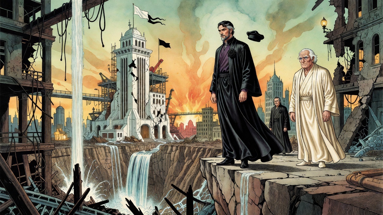 A tall man in a flowing black robe stands alone at the broken edge of a sheer wall, silhouetted against a blazing sunset sky.