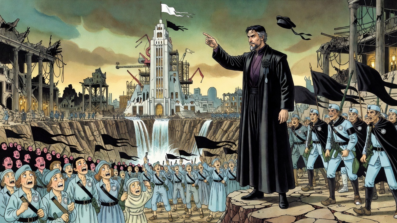 From behind a robed man raising his arm, a vast sea of faces below turns upward as recognition sweeps across the ruins.