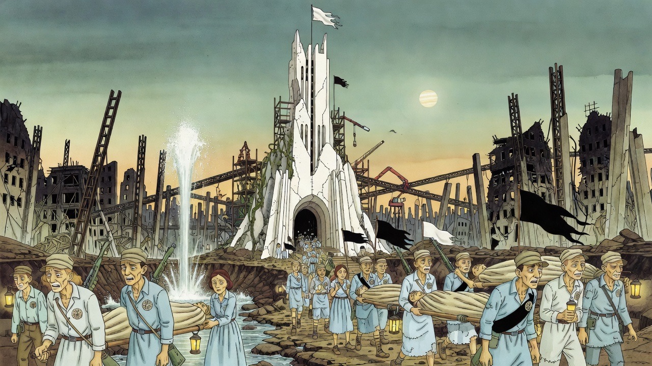 In blue-green dusk with a bright planet overhead, perspiring men carry covered bodies out of the ruined building on stretchers.