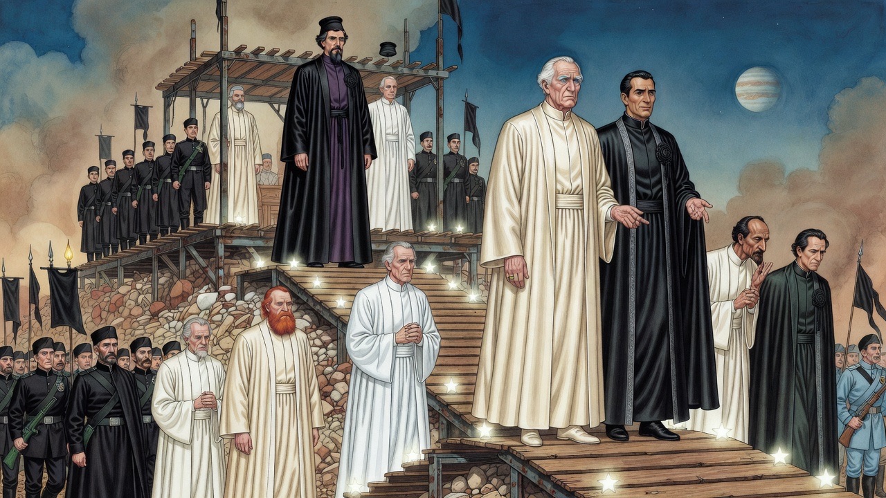 A small group of weary men in white robes climb a sloping plank ramp between glaring lights toward a stage where a man in black stands above them.