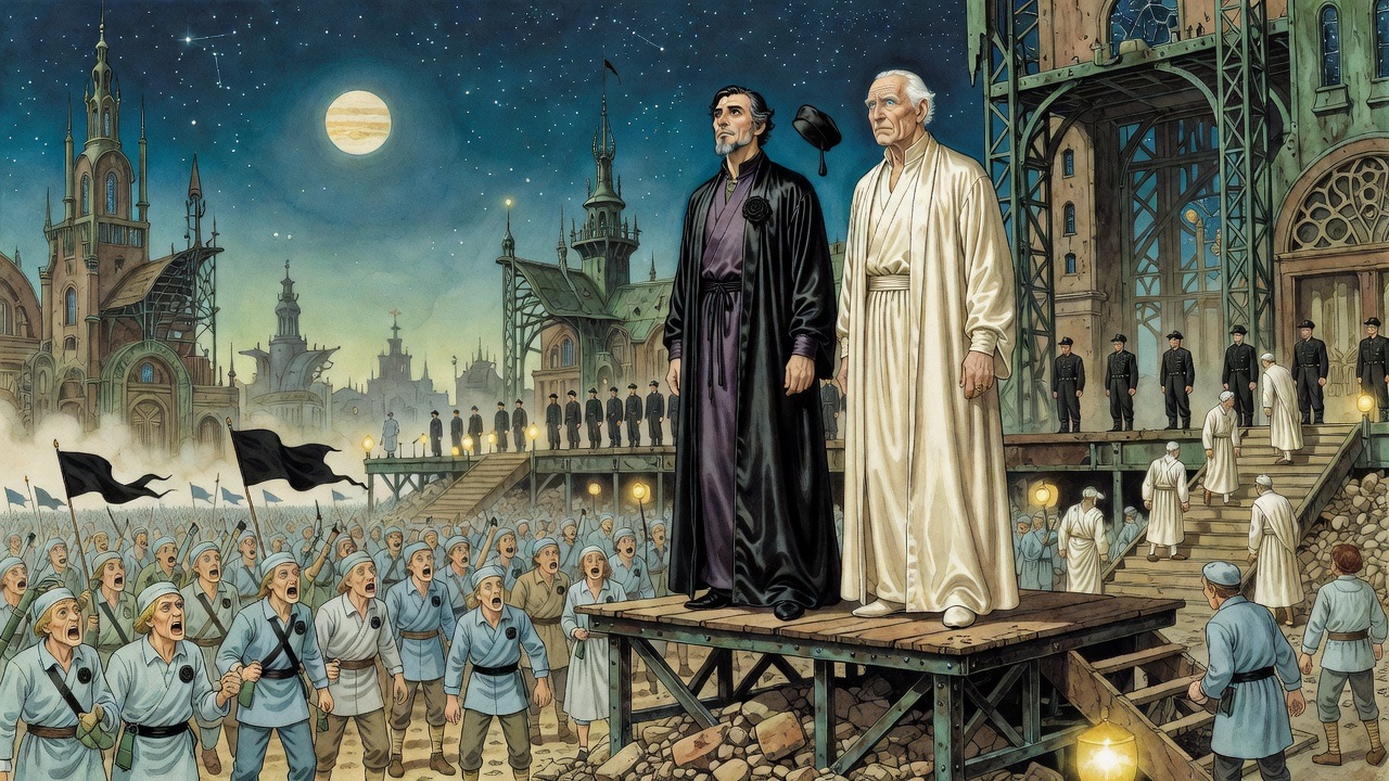 A robed man on a stage lifts his face to the quiet stars while a white-haired man beside him watches the vast shouting crowd below.