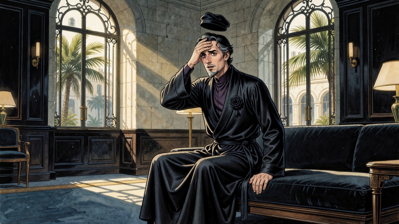 A bearded man in a black robe sits up on a broad couch in a sunlit room, one hand pressed to his brow as he remembers.