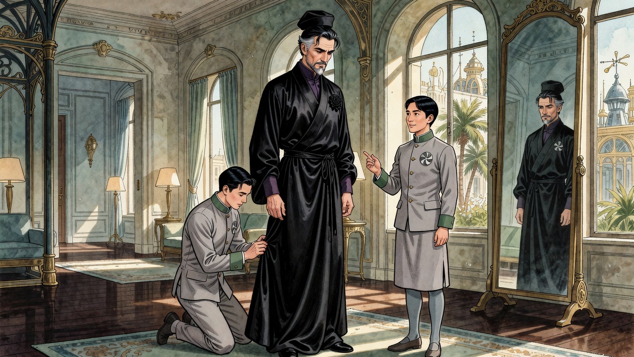 A valet fastens the black robe on the bearded man while a small, neat Japanese attendant in grey directs him.