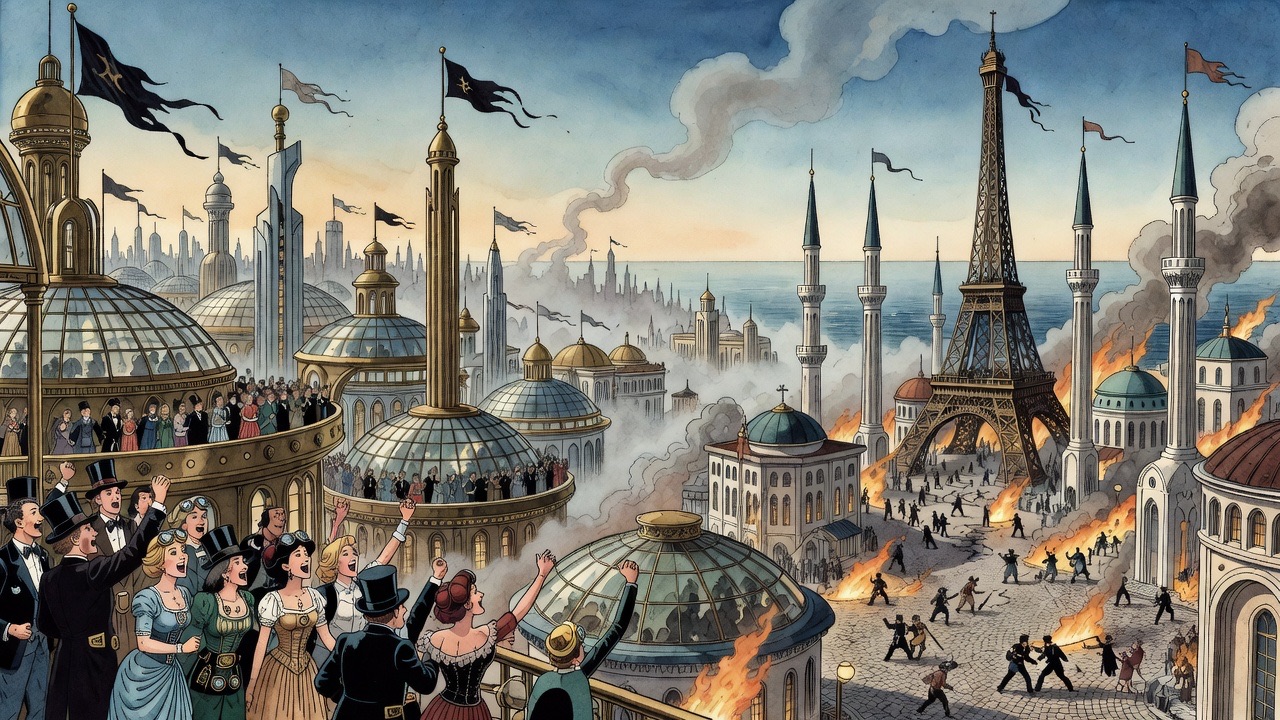 An imagined vignette of far-off glass cities: one blazing with black banners of revolt, another wreathed in smoke of street fighting.