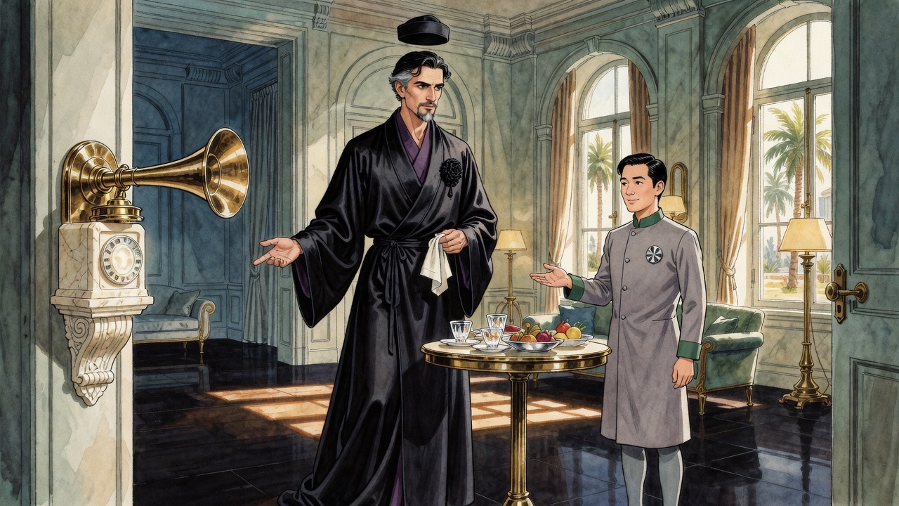 A telephone apparatus of brass and glass rings in a corner while the breakfasting man turns toward it.