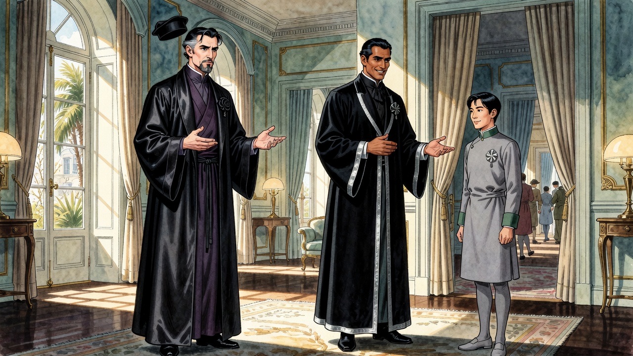 A tall, sleek man in a black robe bows graciously to the bearded Master and to the small attendant beside him.
