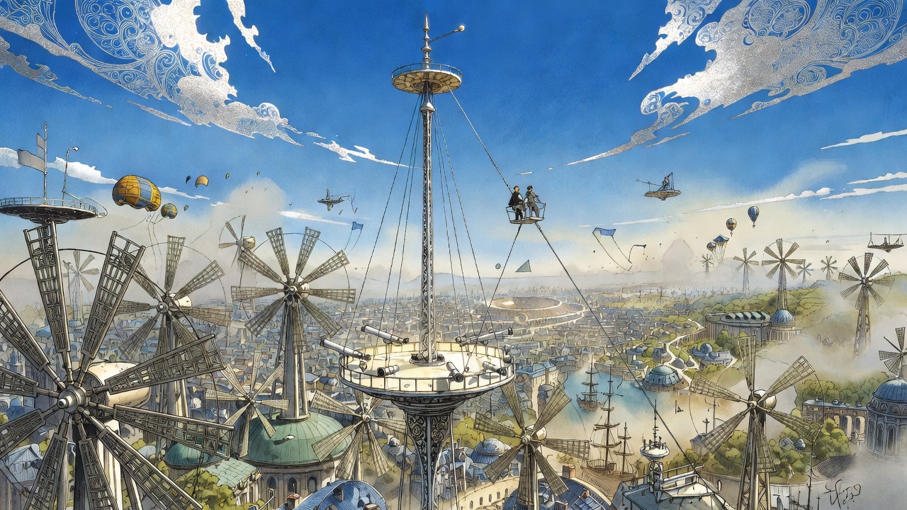A needle-thin mast of metal lacework rises a thousand feet above a forest of giant wind-wheels, a tiny cradle climbing its wire.