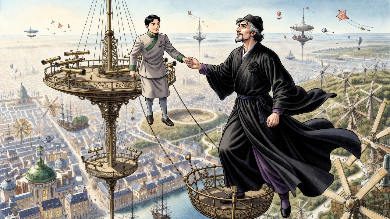 The bearded man grips the wires of a small hanging cradle high above the city, the small attendant already on the platform above.