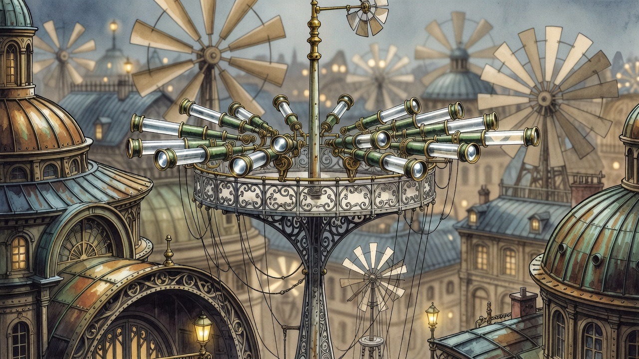 A ring gallery on the thin mast carries a cluster of slowly rotating telescope tubes, seen close in the sun.