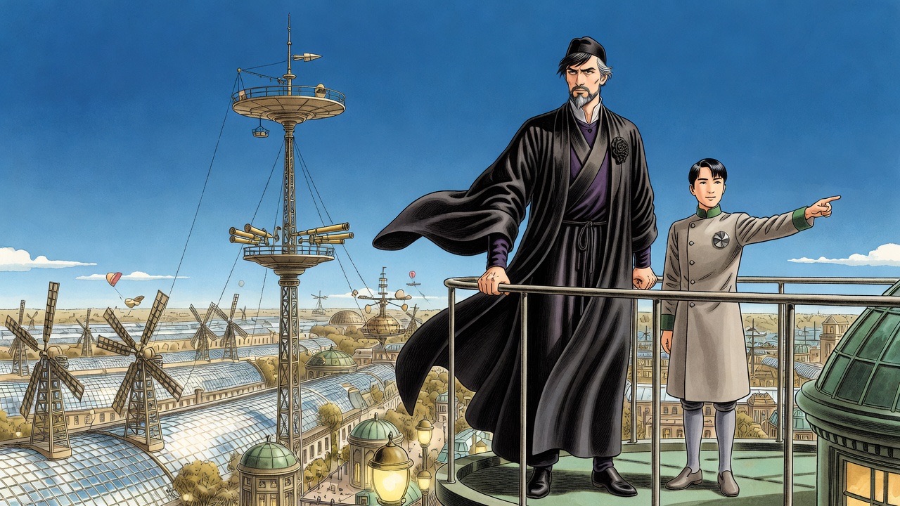 Two small figures stand on a tiny platform high above a vast shining city under an intense blue sky.