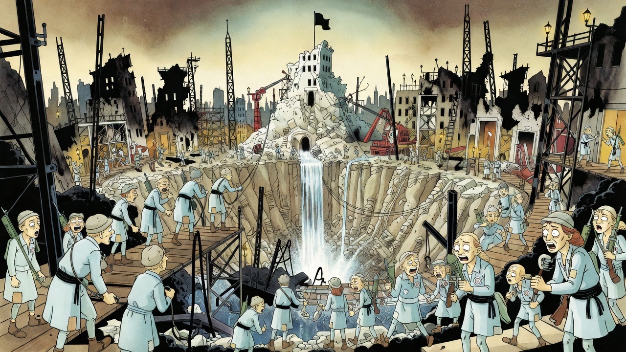 Far below, a great oval of ruins around a white building flying a black flag swarms with people, while workmen cross a trestle bridge.