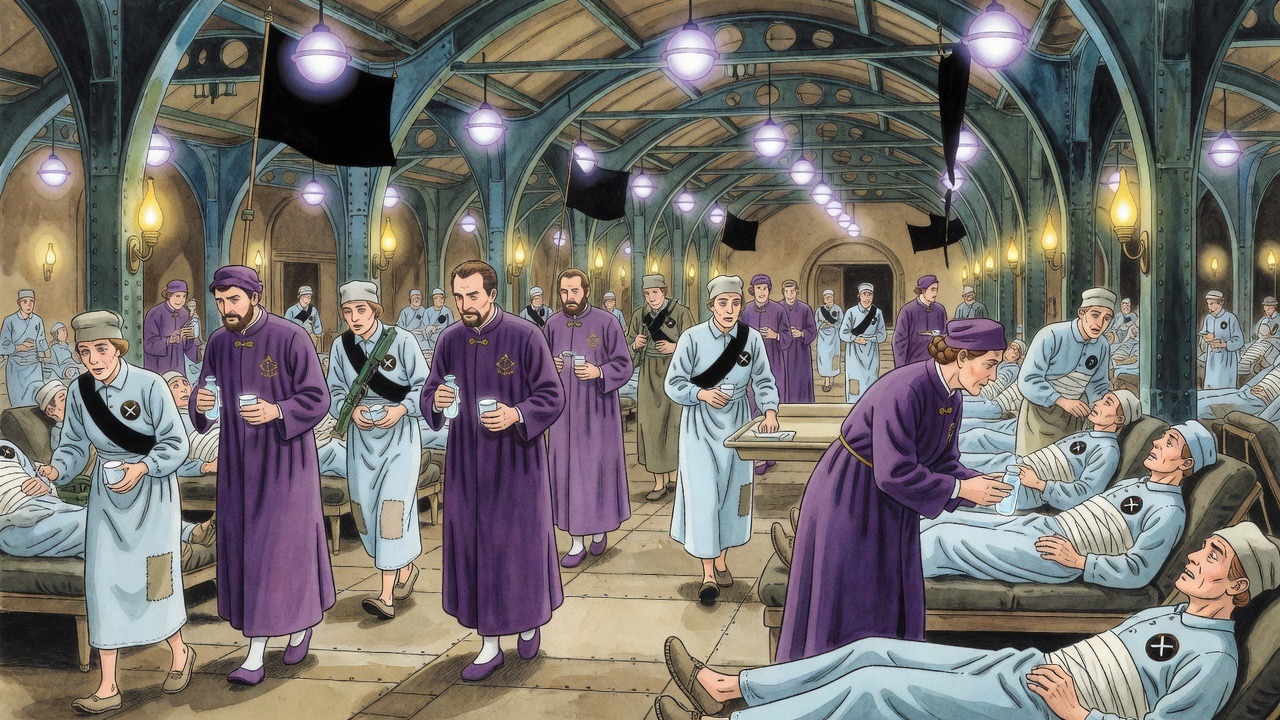 Imagined below the ground: improvised hospital wards under harsh white lamps, physicians in violet among rows of wounded.