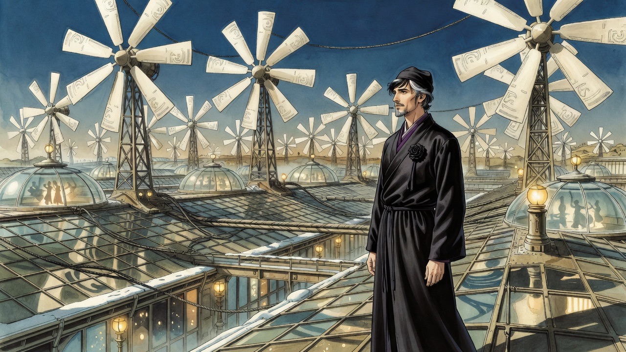 Seen past the black-robed man's shoulder, a vast forest of giant wind-wheels turns peacefully in bright sunlight.