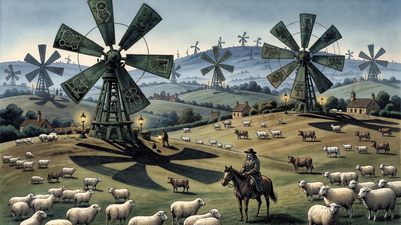An imagined countryside where every hill crest carries giant wind-wheels over grazing flocks and a lonely mounted keeper.