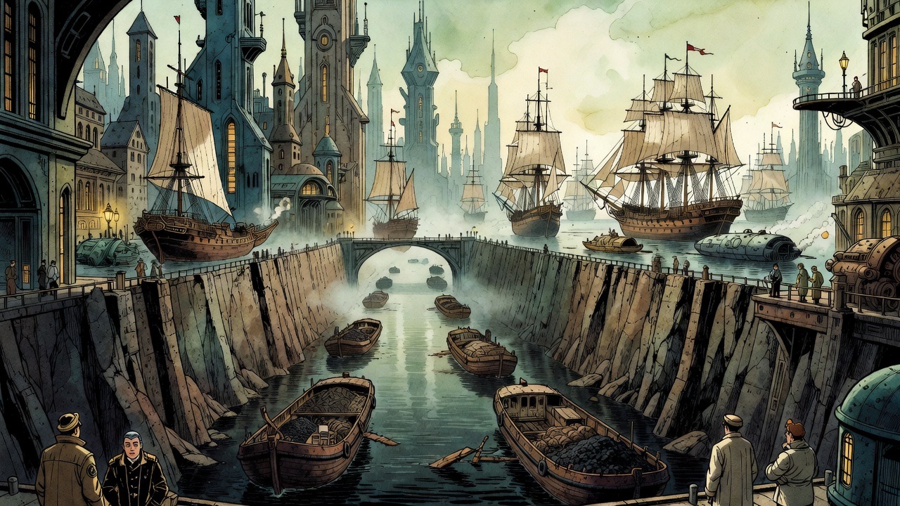 Far to the east, the masts of colossal sailing ships cluster faintly in the haze beyond a sunken sea-water canal.