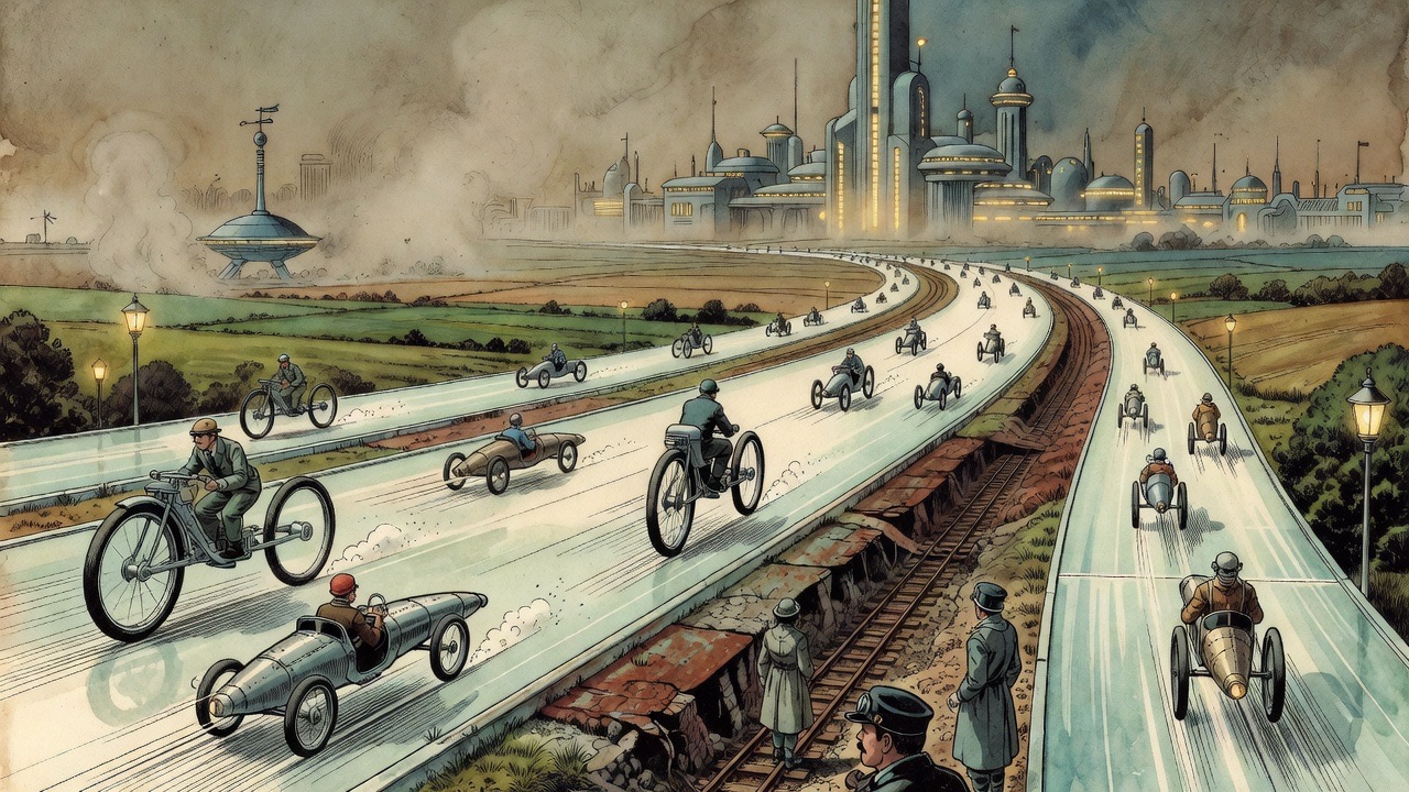 An imagined close view of a vast glassy road where narrow rubber-tyred vehicles and huge single wheels race at terrific speed.