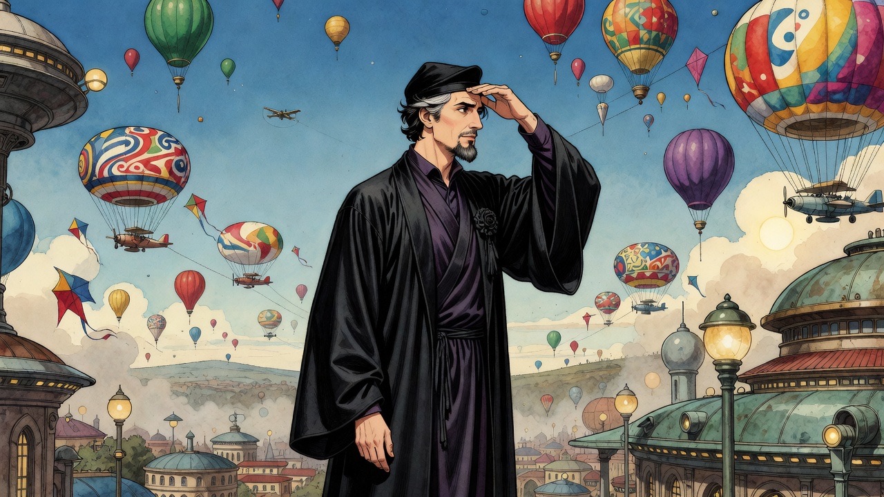 The bearded man shades his eyes against the sun, looking at distant fleets of balloons and kites and a single tiny aircraft.