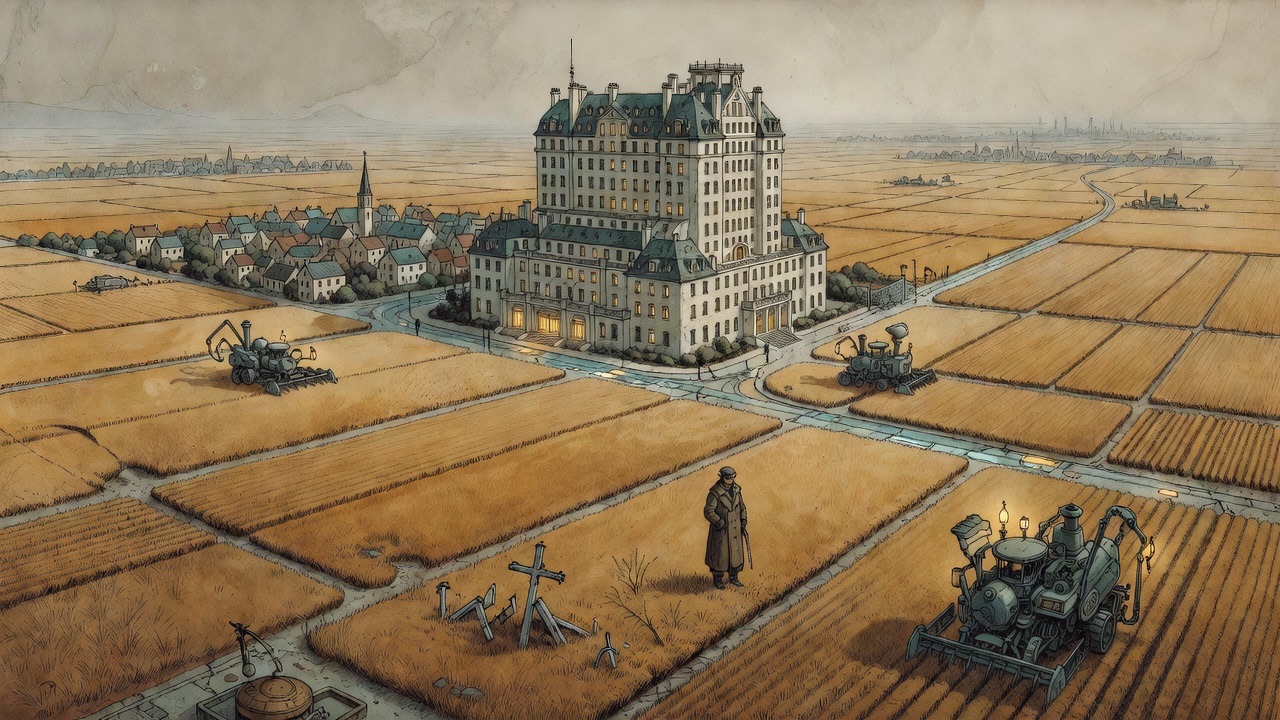 Imagined: one enormous hotel-like building stands alone amid square miles of a single crop, where a town once was.