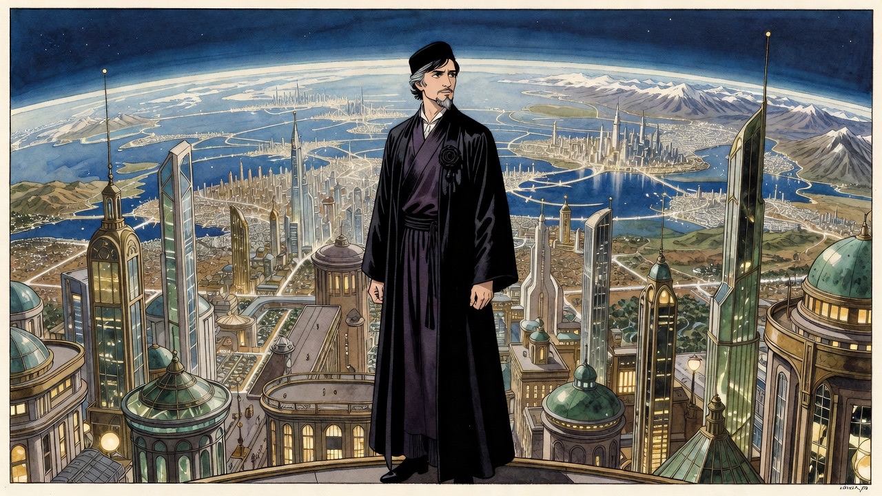The black-robed man stands small against the sky, imagining a curved horizon crowded with cities by rivers, seas and snowy mountains.
