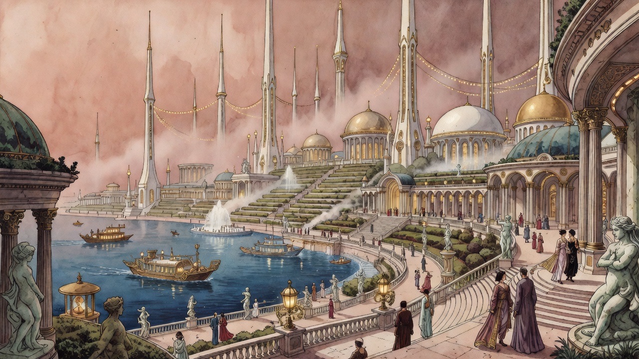 Out of the hazy south-west glitter white towers and golden domes of a sensual, faintly sinister pleasure city.