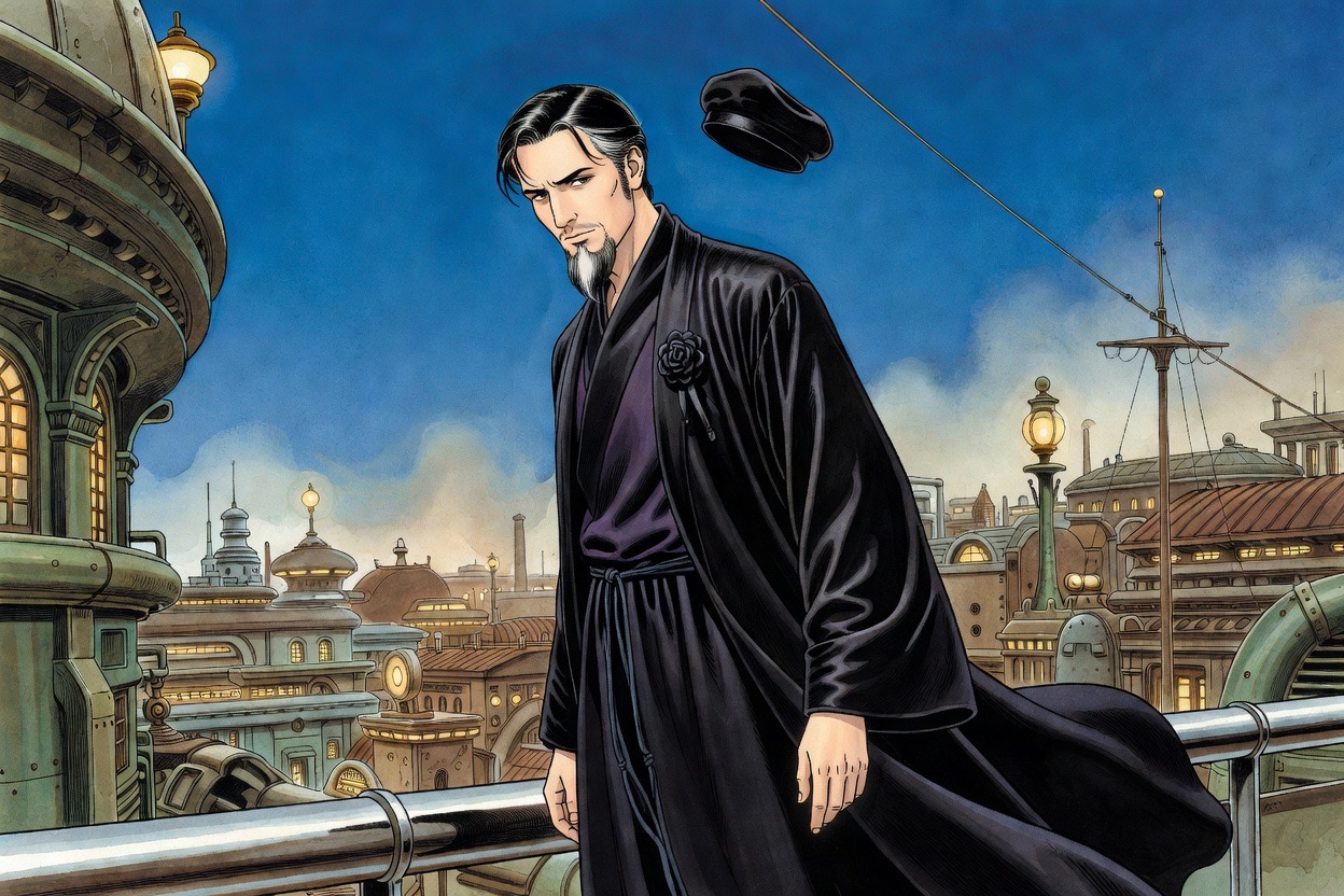 Close on the bearded man's troubled face as he turns his gaze back down to the city at his feet.