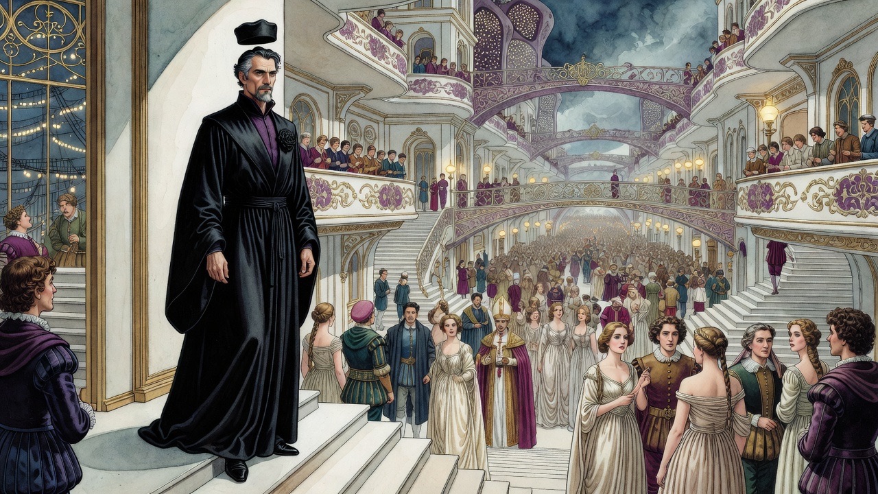 A tall bearded man in a black robe steps through a sliding panel onto a landing above broad steps crowded with brilliantly dressed people.