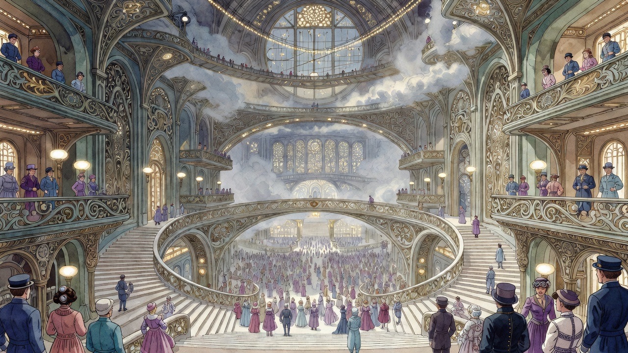 A vast hall of white and mauve ornament recedes into perforated screens, crossed by delicate porcelain bridges.