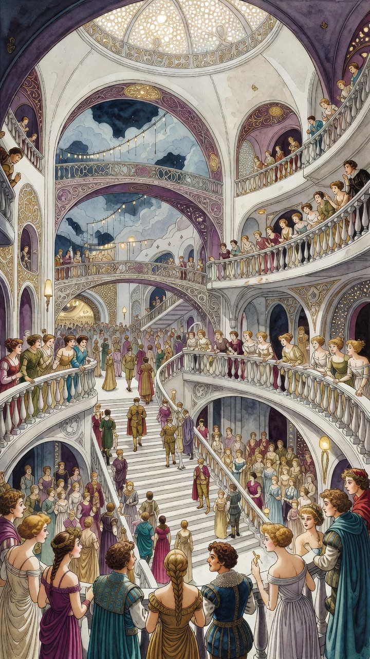 Looking up, ascending galleries rise tier upon tier, lined with faces peering down, as unseen music drifts from above.