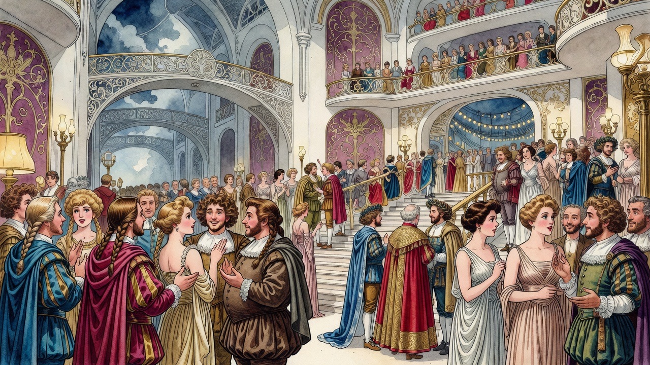 A group of lavishly dressed men with curled hair, trunk hose and slashed sleeves gesture expressively in conversation.