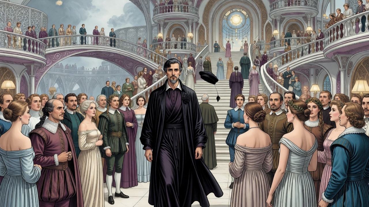 Elegant women in high-waisted Empire gowns turn their bare shoulders as the stiff black-robed man passes among them.
