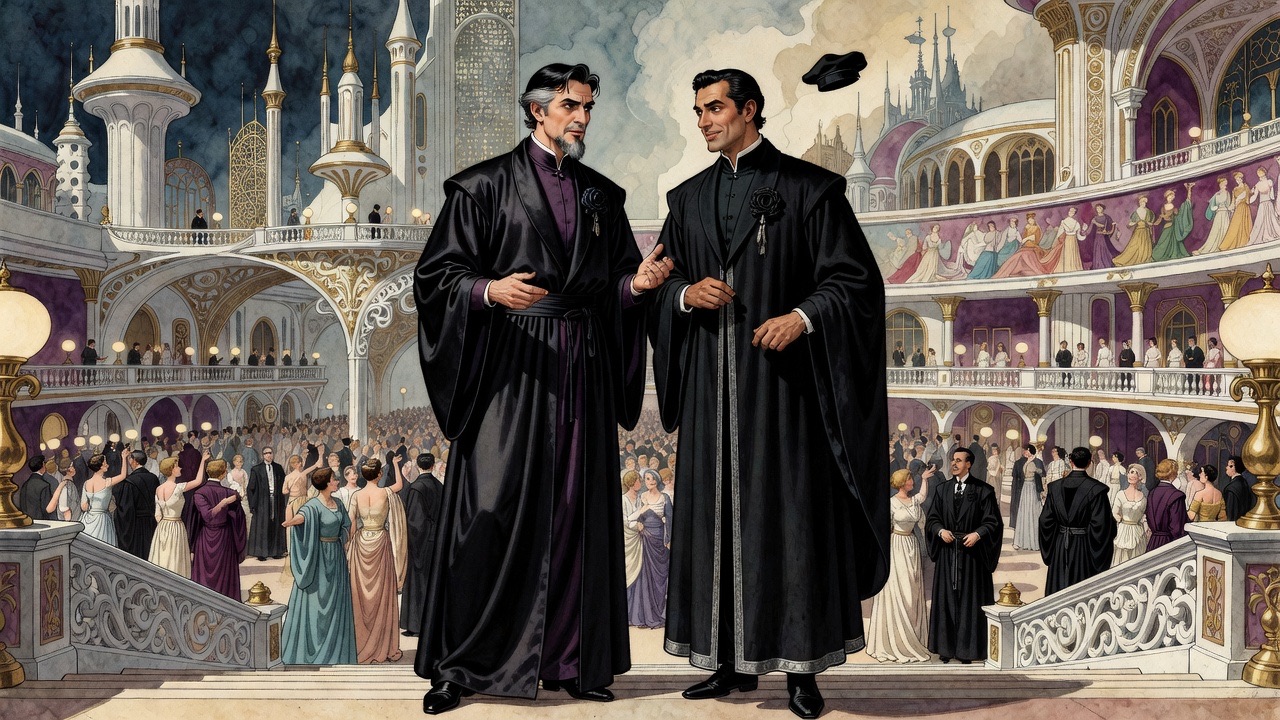 The black-robed man leans to murmur to his sleek companion while guests behind them move in graceful rehearsed poses.