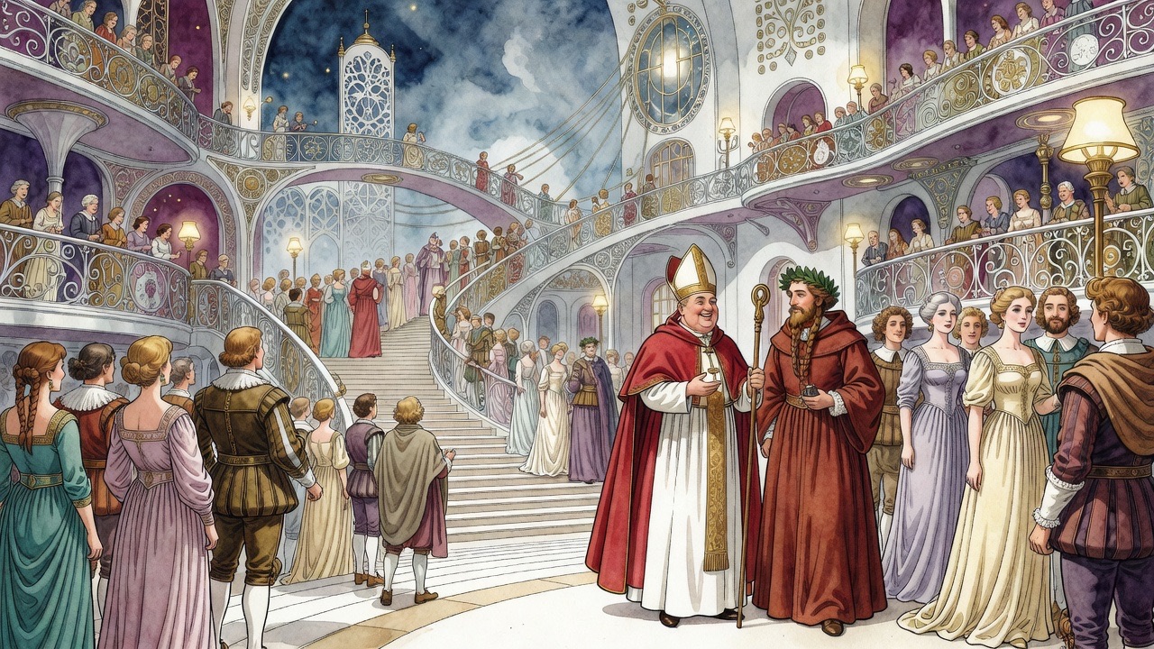 A bishop in full canonicals strolls past in conversation with a man dressed as Chaucer, complete with laurel wreath.