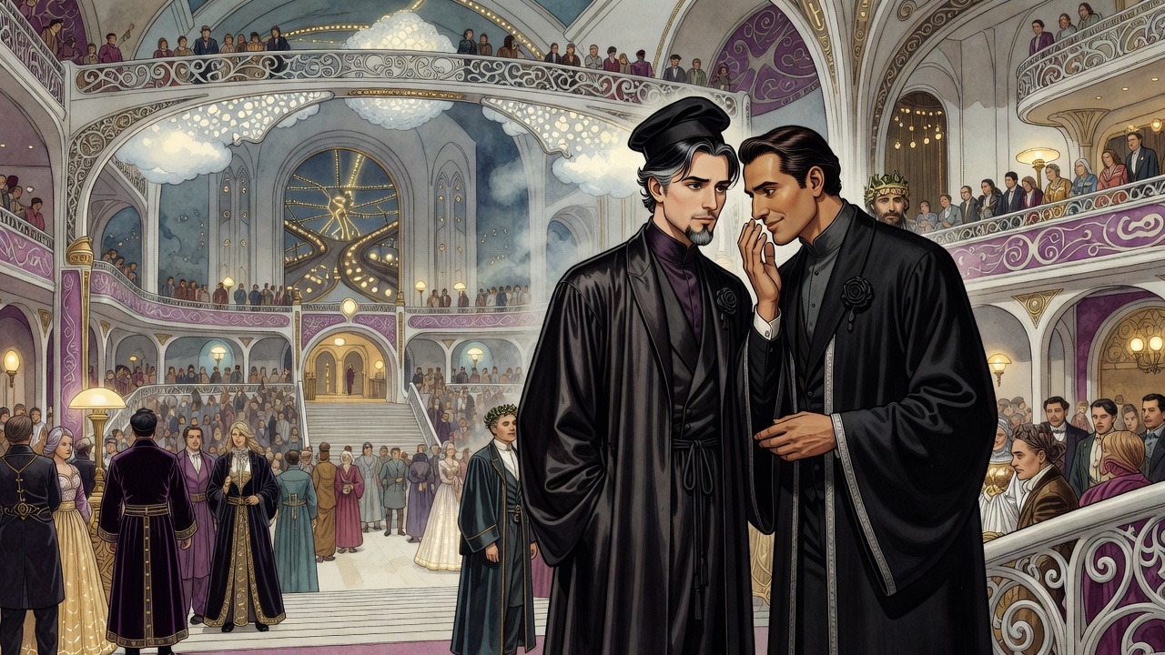 The sleek courtier leans in close, confiding with a raised eyebrow, while the black-robed man frowns in puzzlement.