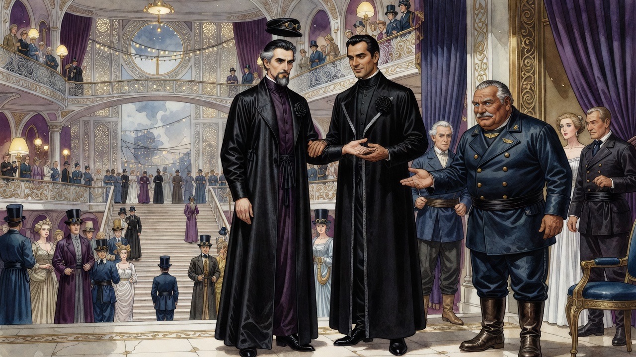 A burly sun-tanned aeronaut in a navy leather uniform is presented to the black-robed Master by the courtier.