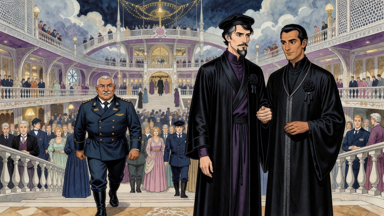 The black-robed man watches the burly aeronaut stride away as the courtier beside him gives a thin, spiteful smile.