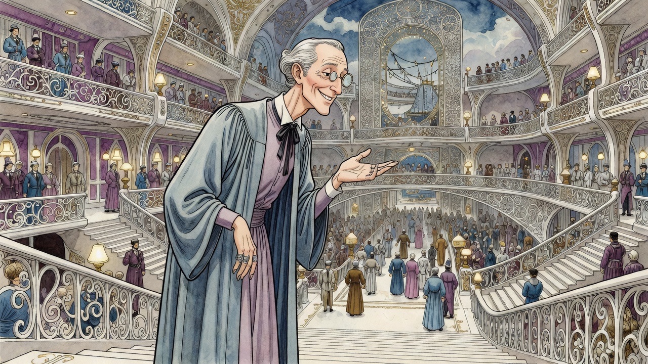 A tall willowy official in a blue-grey academic gown beams down through old-fashioned pince-nez, gesturing with a manicured hand.