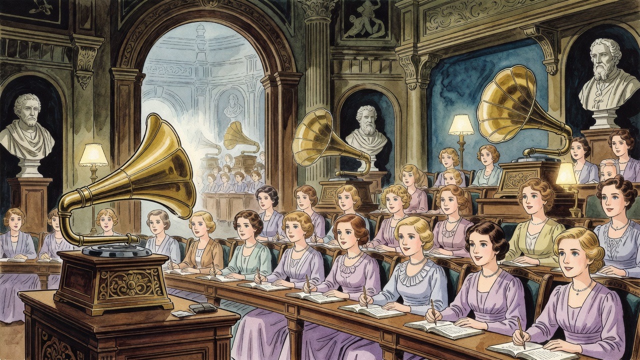 Imagined: rows of earnest young women listen to a large brass phonograph lecturing from a pedestal in an elegant lecture hall.