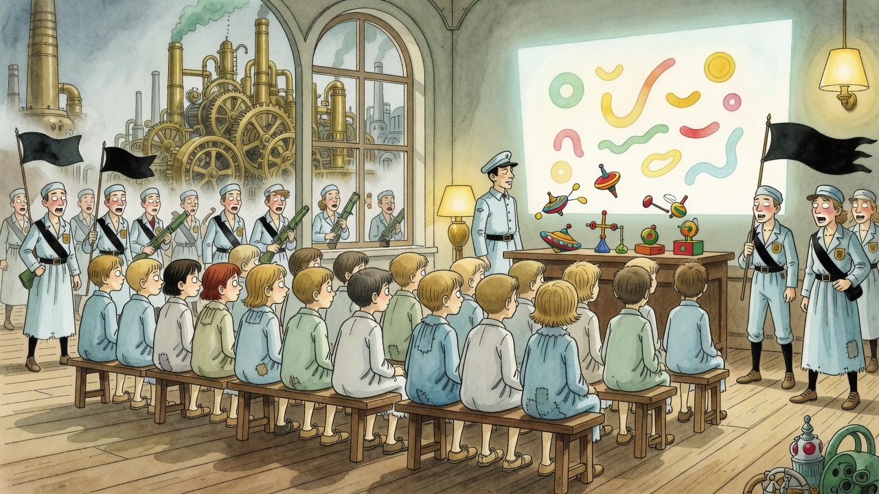 Imagined: small children in pale blue canvas sit in neat rows being amused by bright toys, destined soon for work.