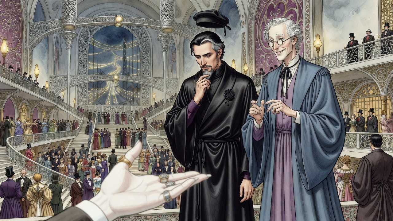 The black-robed man listens thoughtfully while the official's manicured hand fills the foreground in a smooth persuasive gesture.