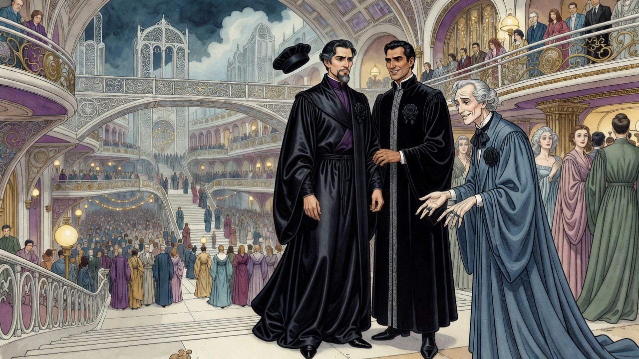 The courtier murmurs an intervention as the willowy official bows himself away with flourishing hands.