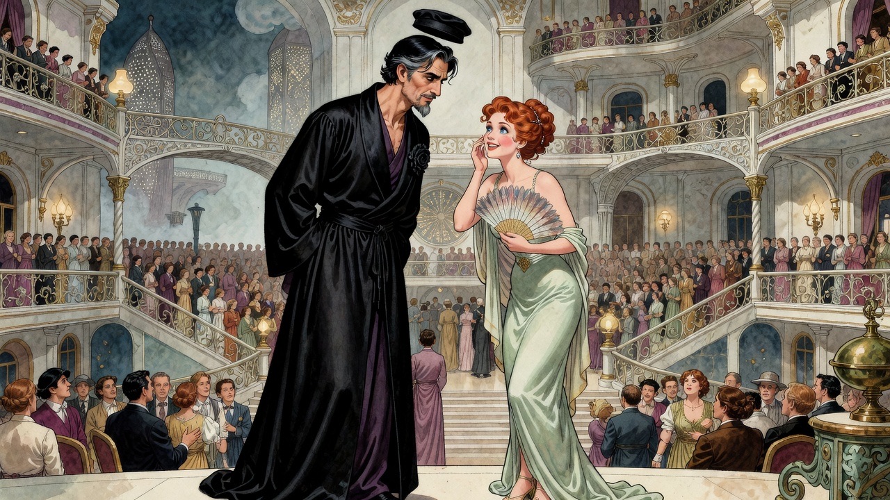 A petite red-haired young woman in pale sea-green smiles invitingly up at the tall black-robed man.