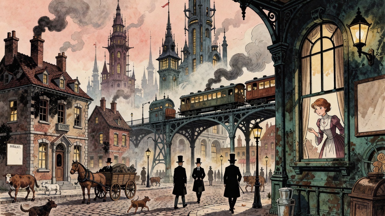 Imagined romantic vision of the Victorian past: soot-blackened brick houses, iron railway bridges, men in tall hats and dogs in the streets.