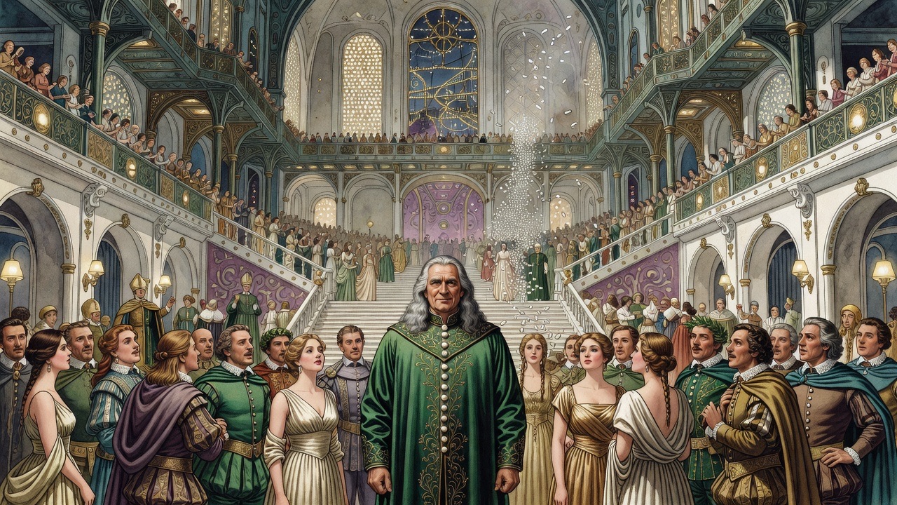 A proud, distinguished official in rich robes stands aloof in the crowd: the managing director of the Antibilious Pill Department.