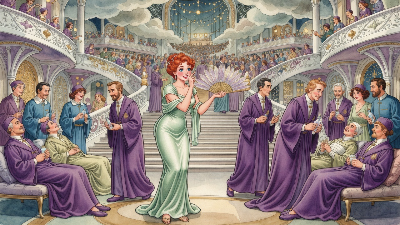 The red-haired girl points discreetly with her fan toward a clever, amused physician in a violet robe.