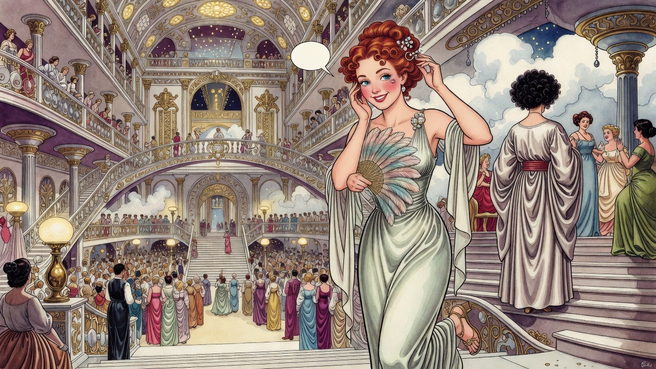 The red-haired girl touches her pearl-pinned curls apologetically as she mentions the fashionable hair-artist from Capri.