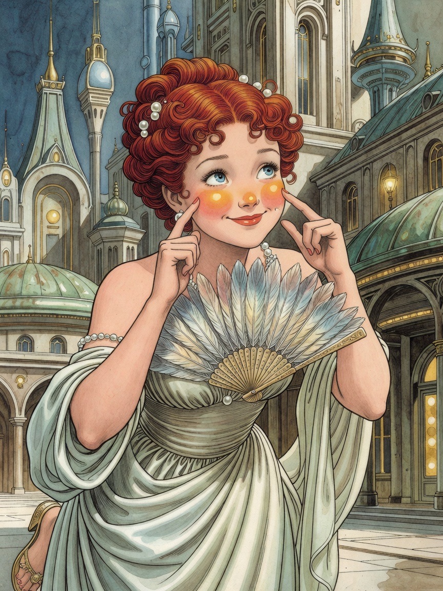 Extreme close-up: a young woman's fingertip rests on her glowing cheek beside an arch, inviting smile.