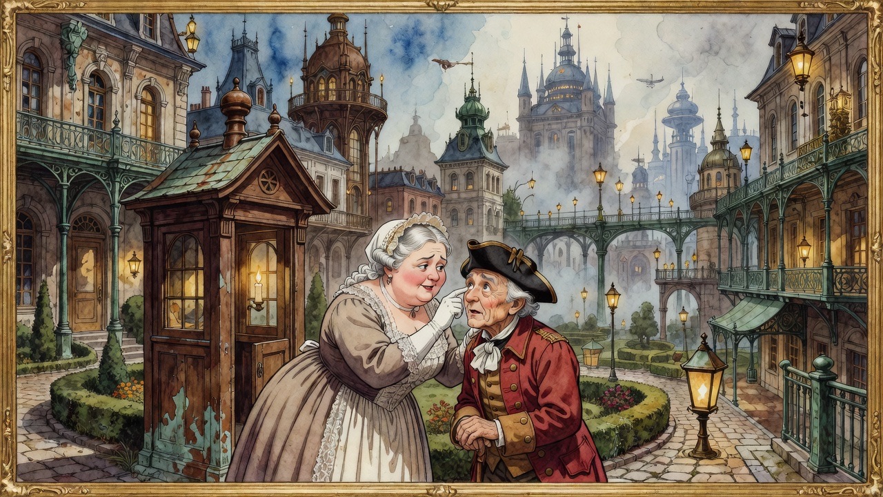 An old-fashioned painted memory: a plump widow peers into the eye of a bashful retired soldier in an eighteenth-century parlour.