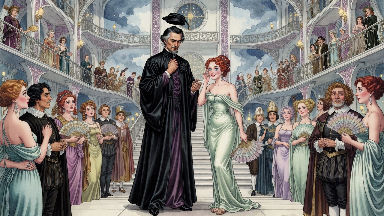 The black-robed man turns awkwardly from the girl, colouring, as a ring of watching guests hastily look elsewhere.